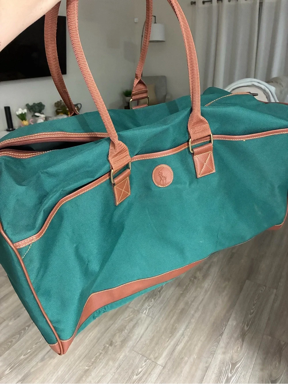 Polo Ralph Lauren Green Canvas Large Duffel with Leather Brown Trim